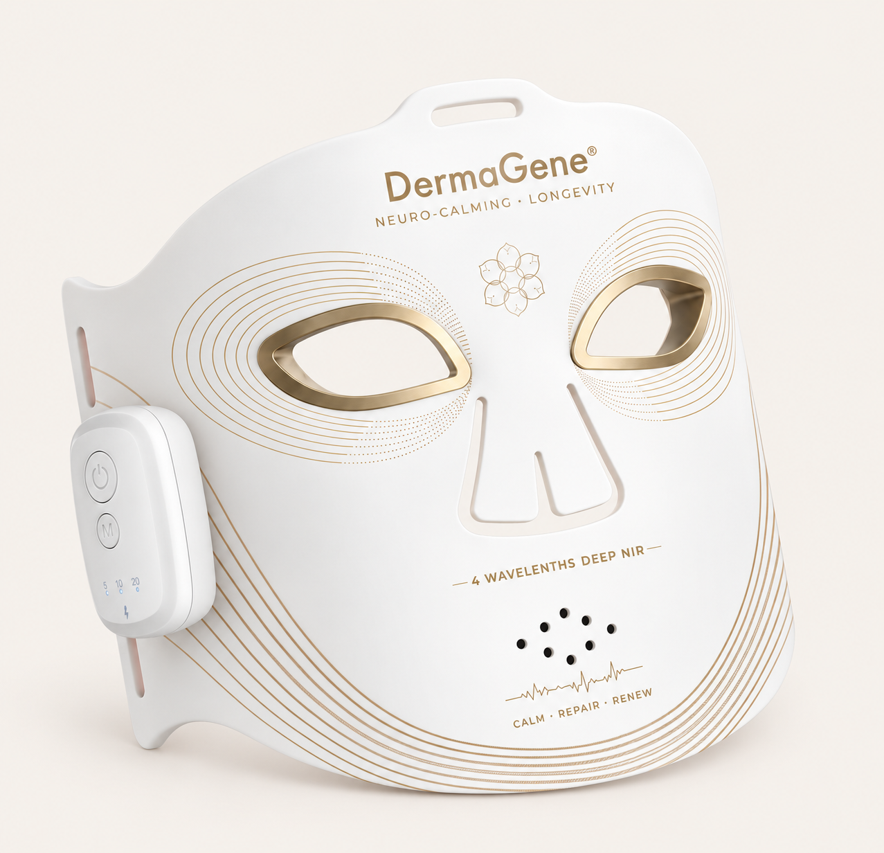 DermaGene NeuroCalm LED mask front view and controller