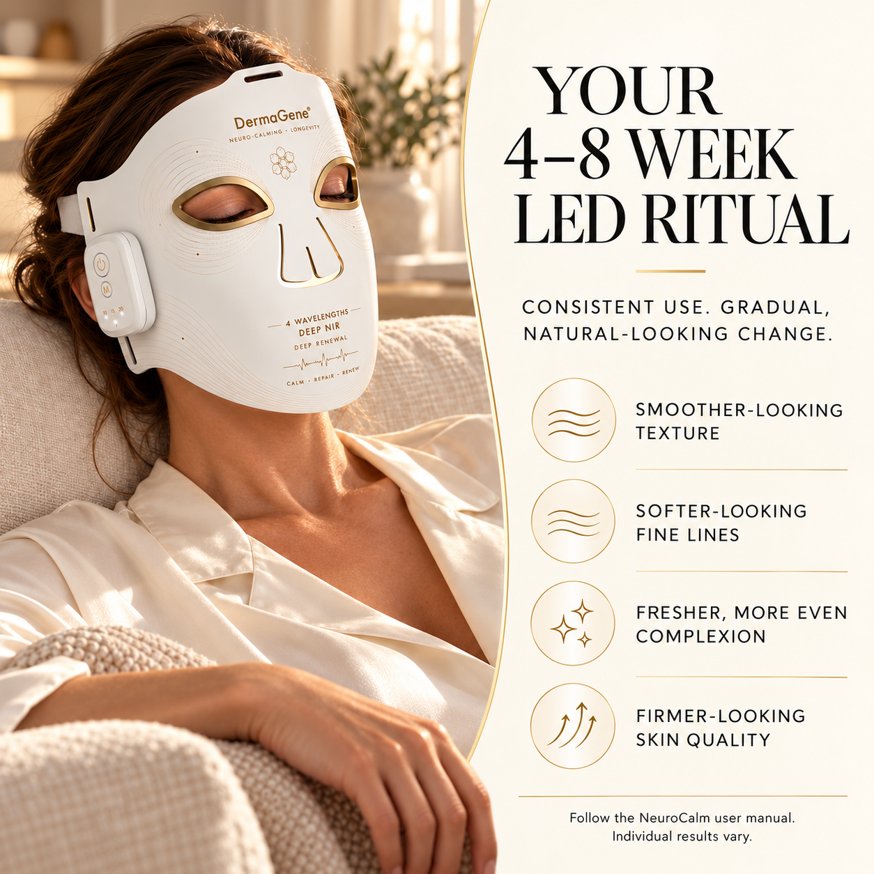 DermaGene NeuroCalm four-to-eight-week LED ritual for smoother-looking texture, softer-looking fine lines and a fresher complexion